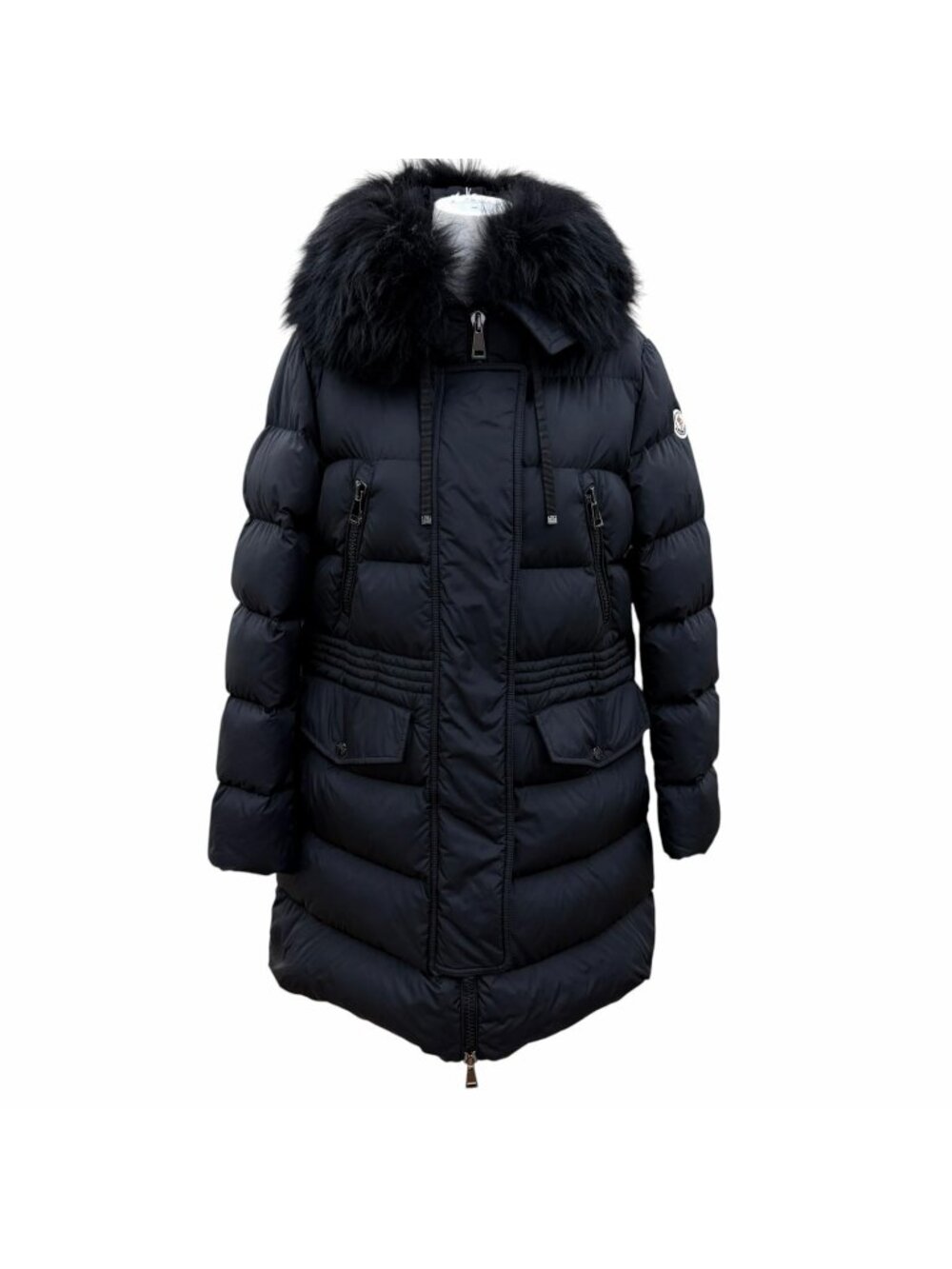 Moncler Aphroti Lamb Fur Logo Patch Hooded Down Coat Black